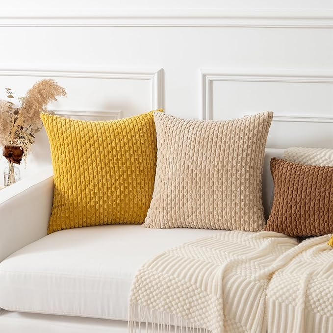 Kevin Textile Throw Pillow Covers Soft Corduroy Decorative Set of 2 Boho Striped Pillow Covers Pillowcases Farmhouse Home Decor for Couch Bed Sofa Living Room 24x24 Inch Mustard Yellow