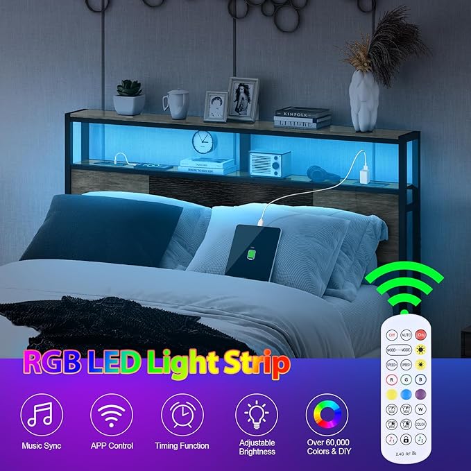 Headboard Queen Size, Headboards with Charging Station, USB Port and LED Light, Head Board with 2-Tier Storage Shelf, Adjustable Height, Easy Assembly, Sturdy and Stable, Black