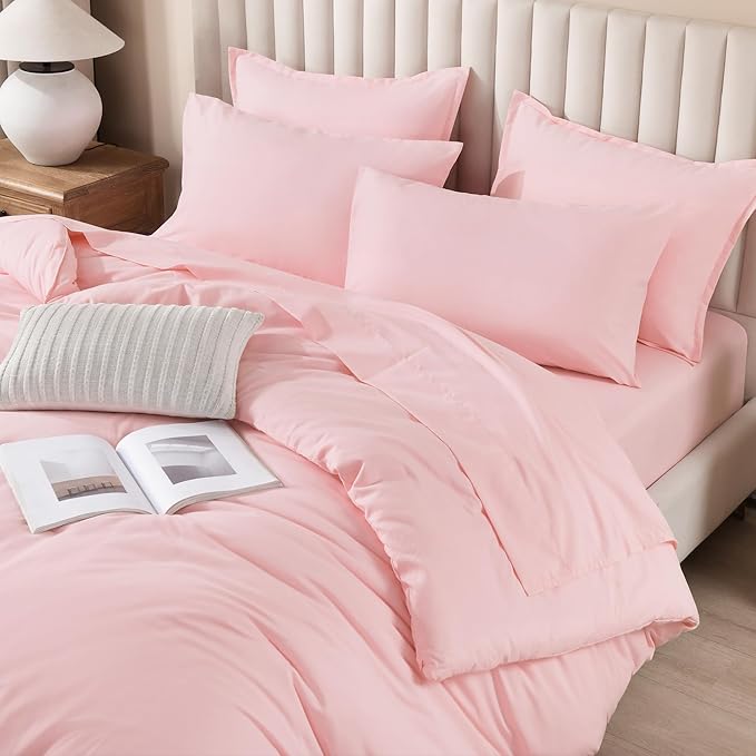 Litanika Queen Comforter Set Pink - 7 Pieces Bed in a Bag Queen Bedding Comforter Sets, Solid Lightweight Bed Set with Comforter, Sheets, Pillowcases & Shams