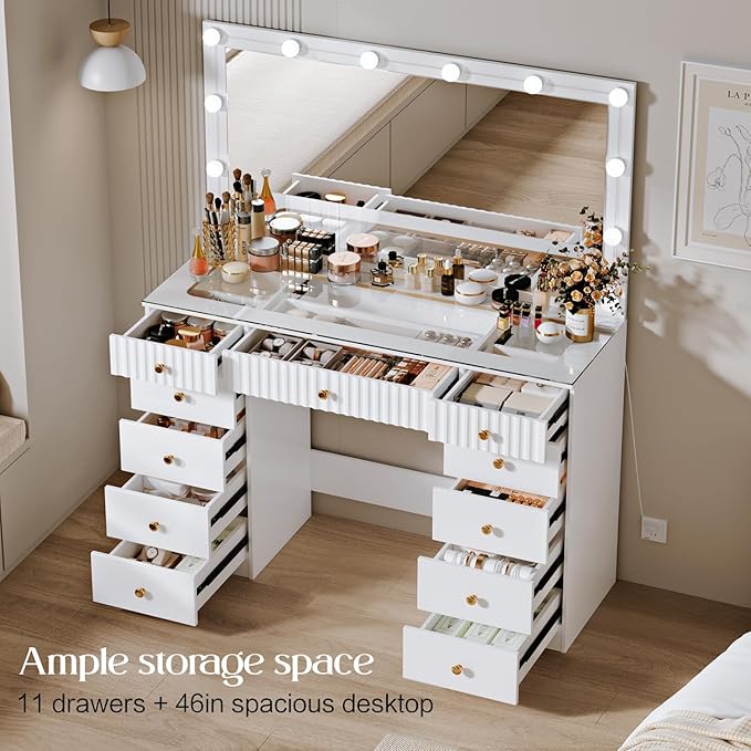 Fluted Makeup Vanity Desk with 46" HD Lighted Mirror,Big Modern Vanity Desk with Mirror and 12 LED Lights, Dressing Table with 11 Drawers, Glass Top for Bedroom,White