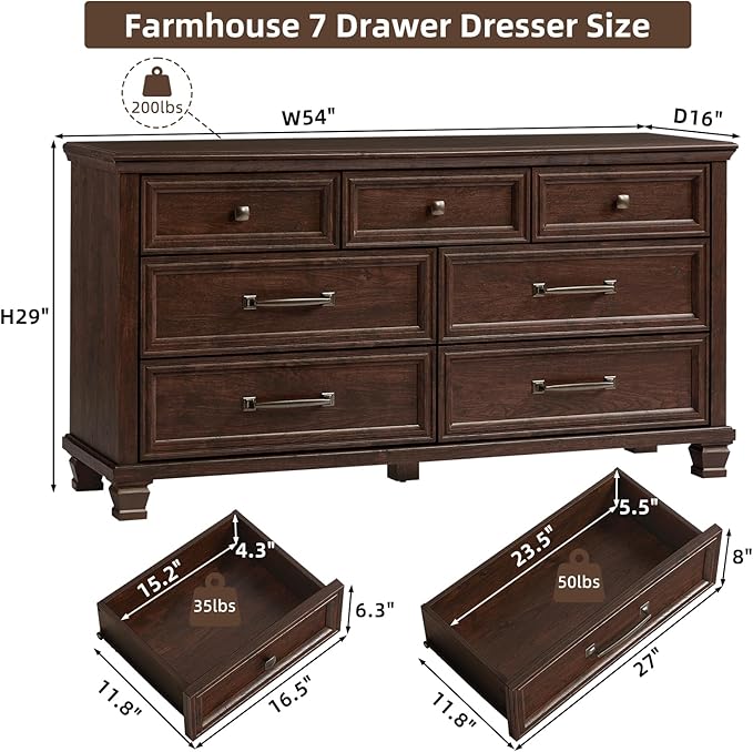 Farmhouse 7 Drawer Dresser for Bedroom, 54” Wide Dresser for Closet, Large Rustic Wooden Dressers, Chest of Drawers for Bedroom, Living Room, Entryway, Walnut