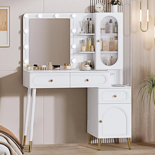 Vanity Desk with Mirror and Lights, with Power Outlet and 10 Lights Modern Capacity Makeup Vanity with 3 Drawers, Makeup Table for Bedroom,Makeup Room,White