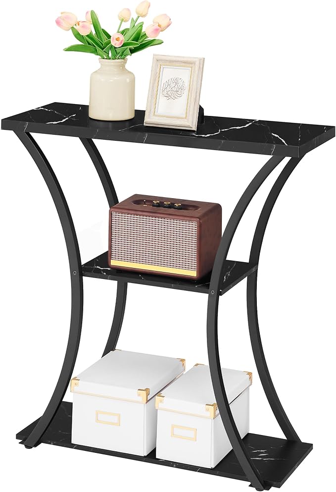 Hoctieon 3 Tier Console Table with Open Wood Shelves, Decorative Entryway Table with Curved Metal Frames, Narrow Sofa Table for Entrance, Living Room, Hallway, Black Marbled