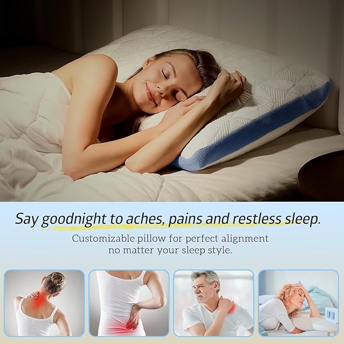 BETU Cooling King Size Pillows Set of 2, Shredded Memory Foam Cool Pillows for Hot Sleepers, Adjustable Firm Soft Support Bed Pillows Perfect for Back Neck Pain and Side Sleeping with Cover, Blue