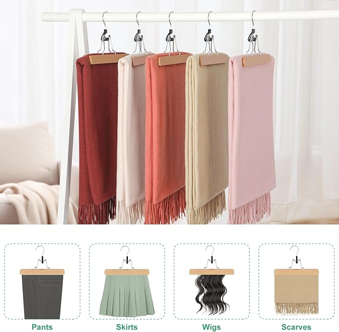 TOPIA HANGER 24 Pack Wooden Pants Hangers, Hair Extension Hangers Non Slip Skirt Hanger Wood Clamp with Velvet Padded 360° Swivel Hook for Jeans, Skirts, Trousers, Wigs Natural CT68N