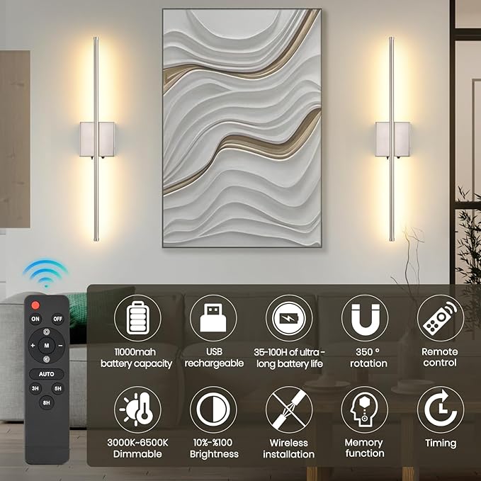 Wireless Battery Operated Wall Sconces, 11000mAh Rechargeable Brushed Nickel Wall Light with Remote Control, 350°Rotate Dimmable Wall Lamp, 3 Color Temperatures, for Bedroom Living Room Hallway, 1 PCS