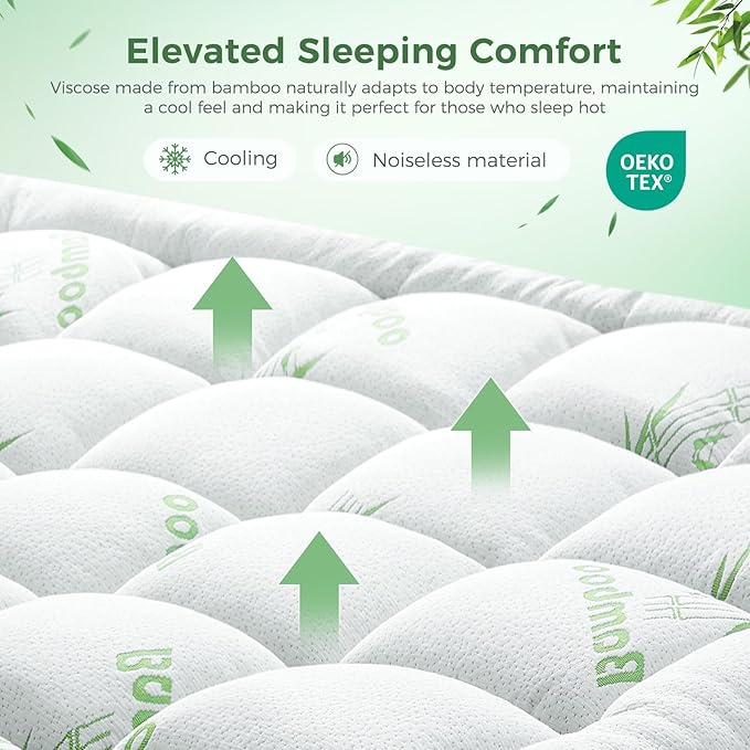 HYLEORY Mattress Topper California King Size - Thick Bamboo-Viscose Cooling Pillow Top Mattress Pad Breathable Fluffy Soft Mattress Cover with 8-21" Deep Pocket, Green