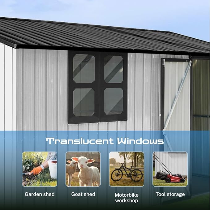 12 x 10 FT Outdoor Storage Shed, Metal Garden Tool Shed with Slooping Roof, Lockable Doors, All-Weather Bike Shed Easy to Assemble for Backyard, Patio, Lawn, White+Black