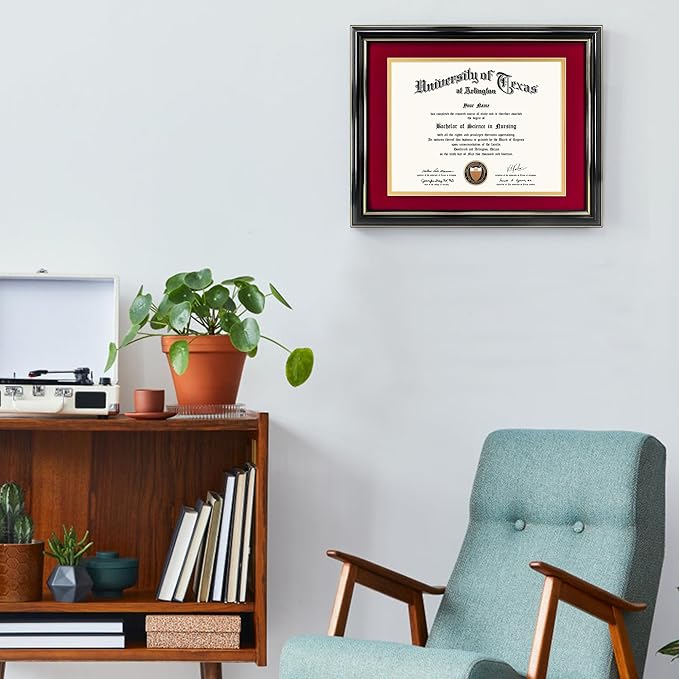 GraduationMall 8.5x11 Diploma Frame with Red over Gold Mat or Display 11x14 Certificate without Mat,Solid Wood & UV Protection Acrylic,Glossy Black Finish with Gold Trim,2 Pack