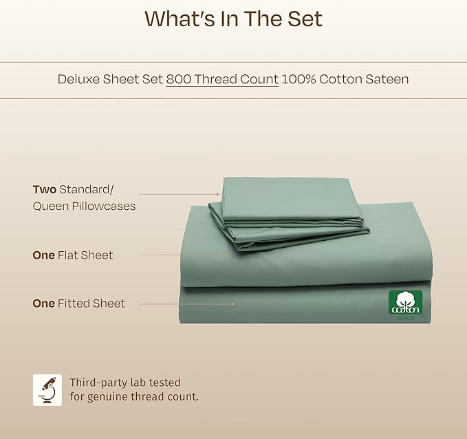 California Design Den Queen Bed Sheets Set - Luxury Hotel 800 Thread Count Sateen, Natural 100% Cotton Queen Size Sheets, Deep Pockets with Anti-Skid Elastic, Cool and Durable Bedding - Sage Green