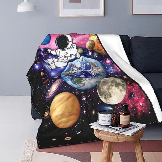 Space Blanket Galaxy Astronaut Throw Blankets Cozy Fleece Flannel Blanket Soft Warm Plush Lightweight Solar System Gifts Bedding for Boys Girls Teens Kids Adults for Couch Sofa Bed 60"X80"