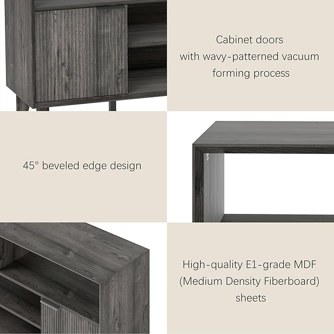 Fluted TV Stand for 70 inch，Entertainment Center with Storage Cabinets, Modern TV Console with Open Adjustable Shelves, TV Stand for Living Room Bedroom, Black&Grey