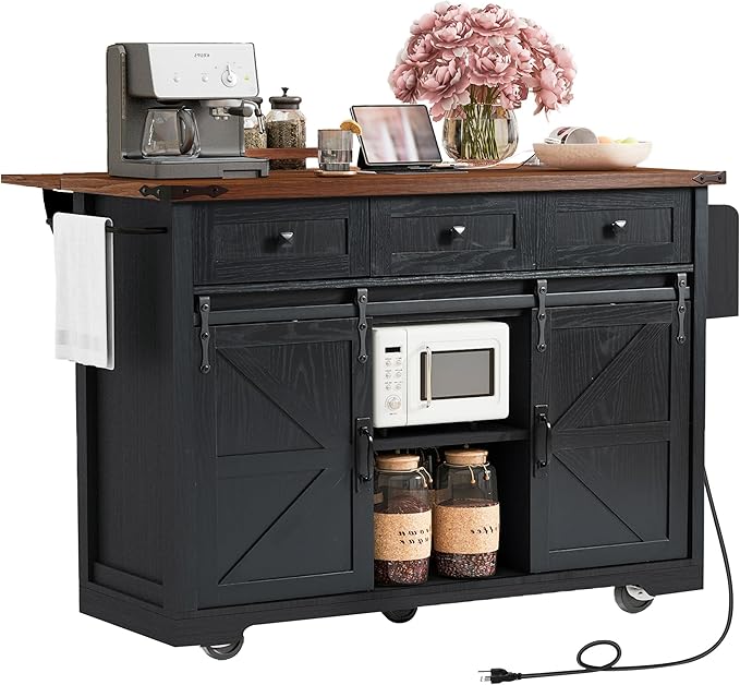 Kitchen Island with Power Outlet & Drop Leaf, 54" Kitchen Rolling Island on Wheels with Spice Rack & Towel Rack, Kitchen Island Cart with Storage, Black