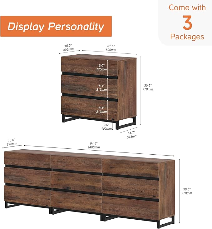 Wampat Modern TV Stand for 100 inch TVs, Entertainment Center Console with 9 Drawers and Metal Base, Living Room, Bedroom, Brown