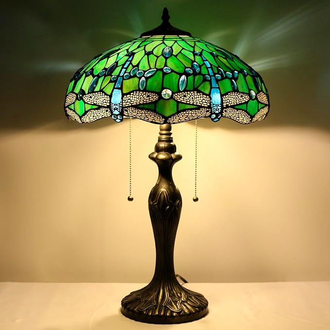Tiffany Table Lamp Stained Glass Lamp 16X16X24 Inch Antique Reading Light (Green Dragonfly)