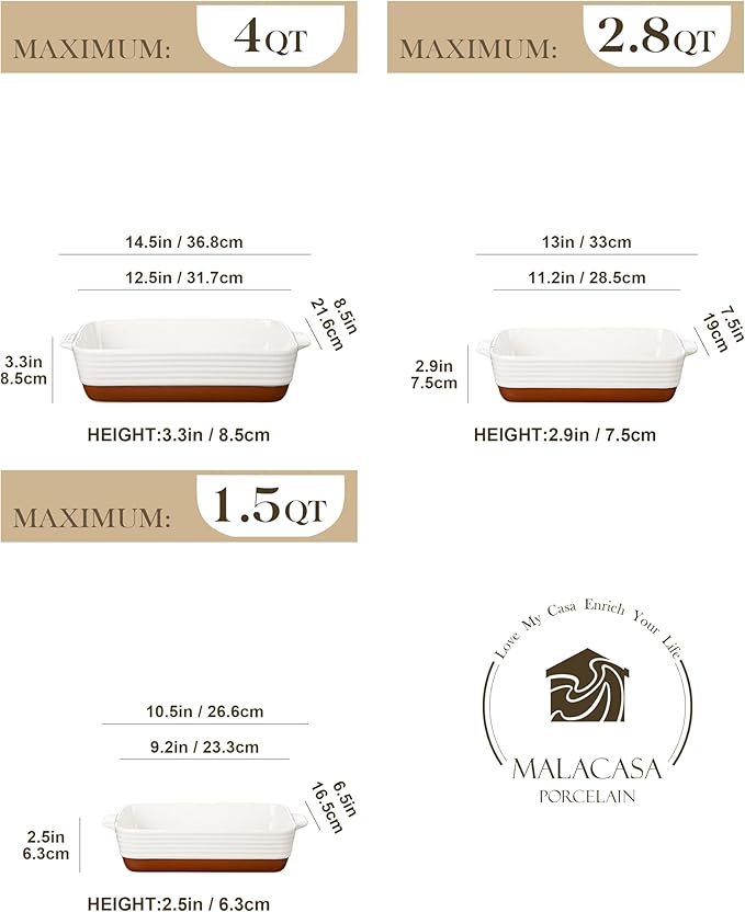 MALACASA Casserole Dishes for Oven, Ceramic Baking Dishes Set of 3, Baking Pan Casserole Dish Set, Rectangular Lasagna Pan Deep with Handles for Baking, Khaki White (14.5''/13''/10.5''), Series TARA