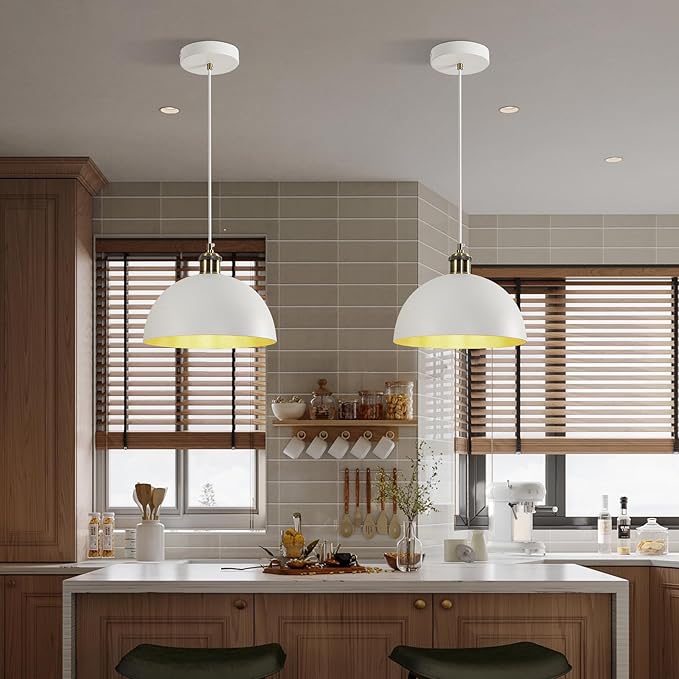 Vintage Industrial Pendant Light 9.84" Farmhous Dome Pendant Light White and Gold Finish Lighting lamp line Length 78.74" Kitchen Island, Bedroom, Corridor