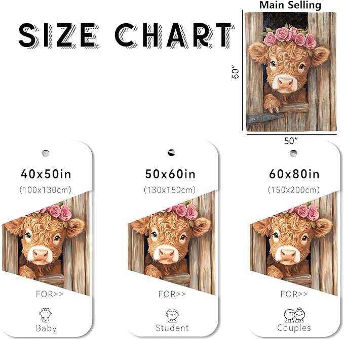 Fun Highland Cow Blanket, Cozy Flannel Roses Crown Calf in Window Throw Blanket for Couch Outdoor, Plush Soft Lightweight Travel Blankets for Bed Decor and Gifts, for Women Kids Adults 40"x50"