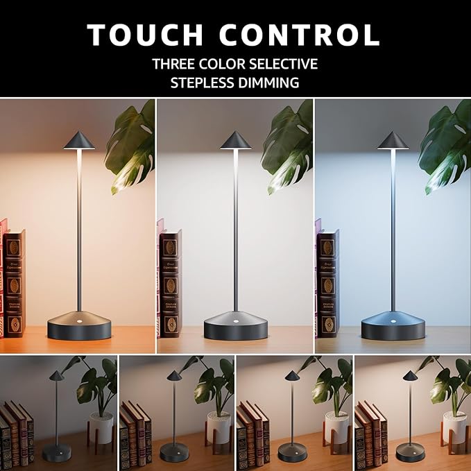 Rechargeable Table Lamp for Bedroom, 3-Level Dimmable Beside Touch Lamps Portable Battery-Operated Desk Light for Nightstand, Living Room, Dining, Office, Outdoor(Grey, Two-Piece)