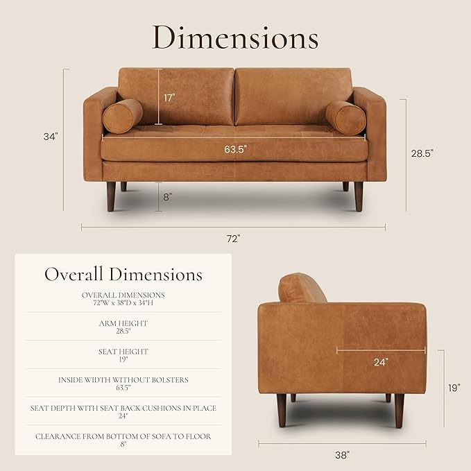 Poly & Bark Napa Leather Couch - 72 Inch Apartment Sofa with 2 Bolsters - Full-Grain Leather Sofa for Living Room with Feather-Down Topper - Living Room Couch - Vintage Italian Leather in Cognac Tan