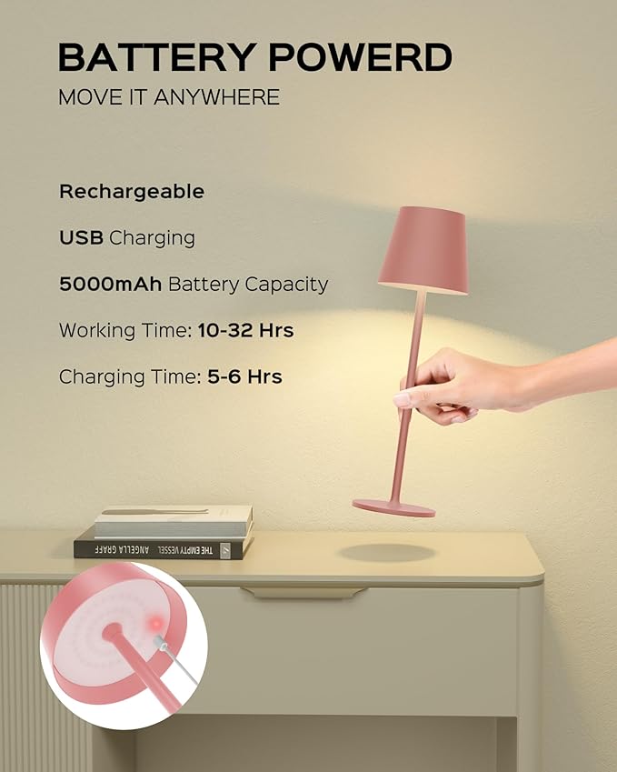 Cordless Table Lamps Rechargeable, 3 Adjustable Height, 5000mAh Battery Operated, 3 Colors Smooth Dimming, Portable LED Waterproof Table Lamp for Dining, Bedroom, Outdoor (2 Pack-Girly Pink)