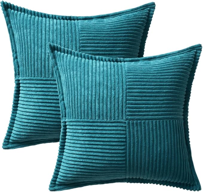 MIULEE Decorative Throw Pillow Covers for Couch Bed Livingroom 18x18 Inch Set of 2 Teal Blue Boho Accent Throw Pllows Broadside Striped Patchwork Soft Corduroy Summer Coastal Pillowcases