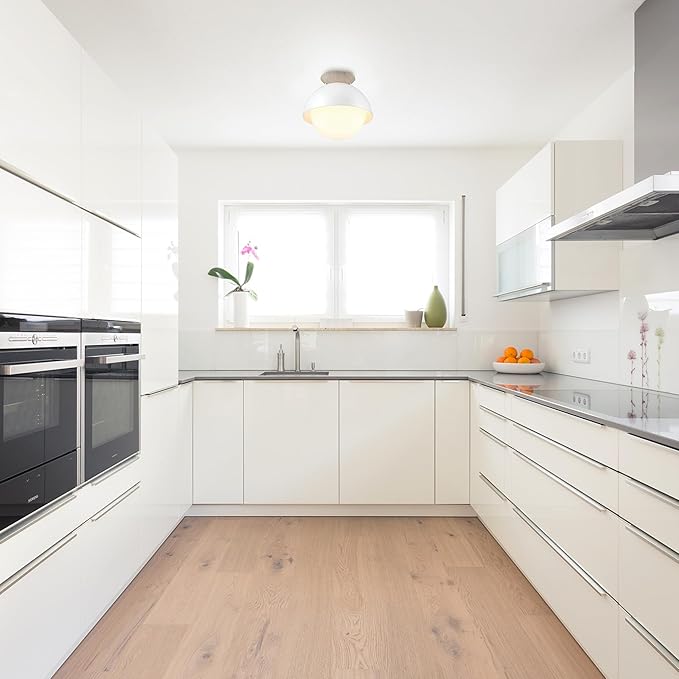 GLOBE Electric Oswald 1-Light Flush Mount, Matte White, Faux Wood Accent Canopy, Frosted Glass Shade, Bulb Not Included