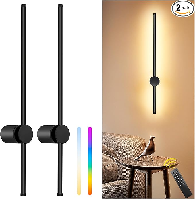 23.6 Inch Battery Operated Wall Sconces Set of Two, 12000mAh Rechargeable Wall Sconce with Remote Control, Dimmable LED Wireless Wall Lights for Bedroom, Living Room, 15 Colors, 180° Rotate, Black