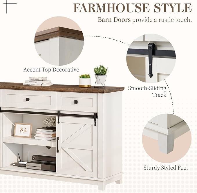 Farmhouse TV Stand with Sliding Barn Door & Drawer, 59" Rustic Entertainment Center for TVs up to 65", Buffet Storage Cabinet for Living Room, Dinning Room, White+Barnwood