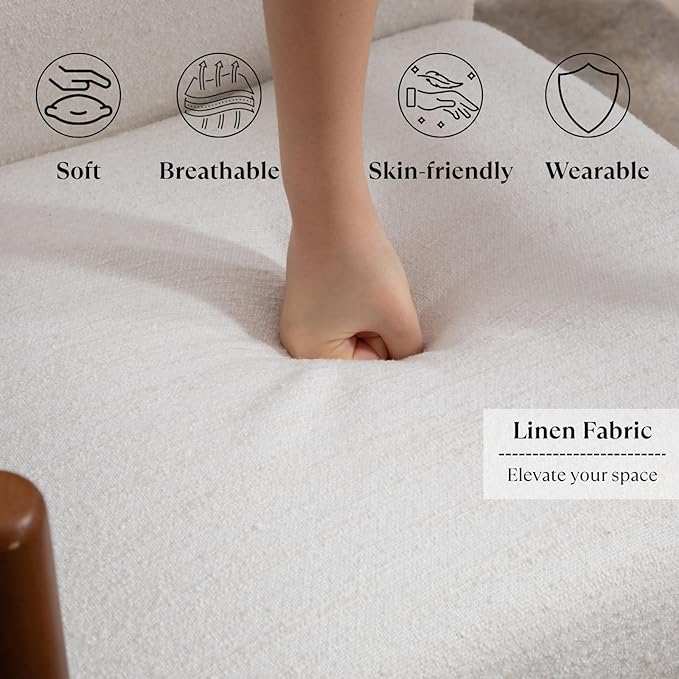 Mid-Century Accent Chair, Modern Linen Fabric Lounger Chair Upholstered Armchair with Walnut Wood Frame, Upholstery Back Leisure Chair for Living Room, Balcony, 1PC, White