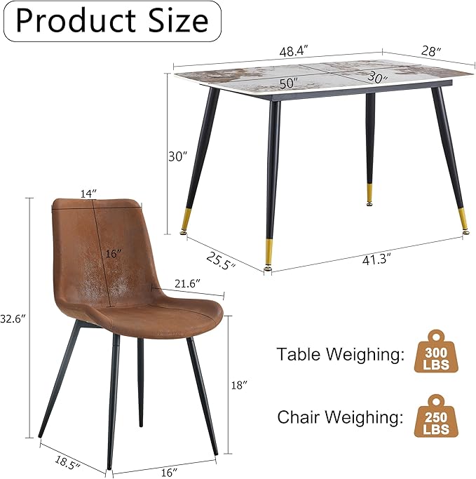 Granite Modern Dining Table Set for 4, 50" Sintered Stone Kitchen Table and 4 Upholstered Suede Leather Chair Dining Room Table Set for 4(1Marble Table and Brown Chairs Set of 4)