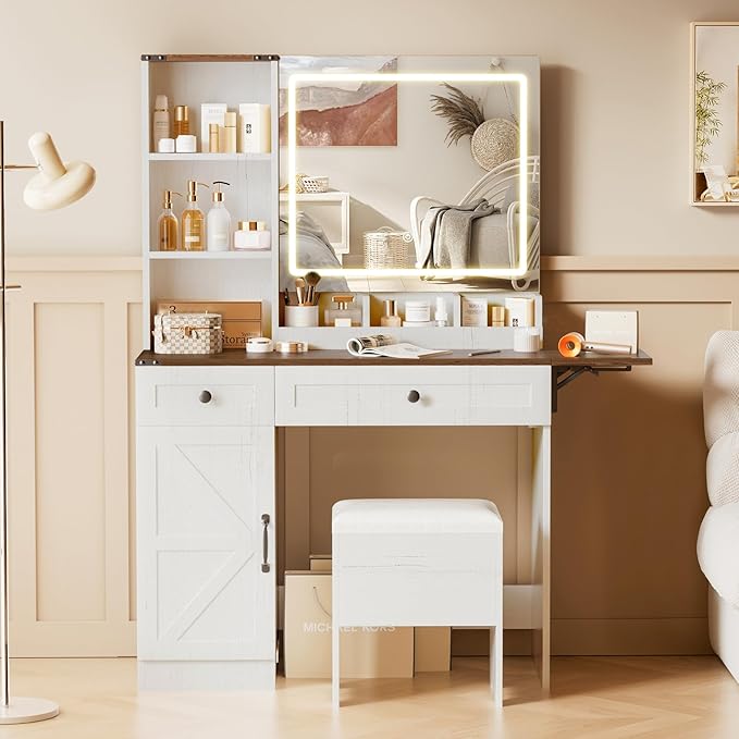 KAMABOKO Vanity Desk with Mirror, LED Lights and Power Outlet, Makeup Vanity Table with 2 Drawers and 3 Storage Shelves, Dressing Table w/Stools for Bedroom (White)