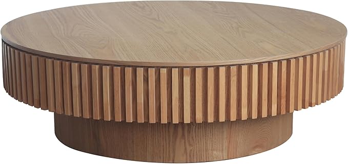 Round Coffee Table for Living Room, Accent Fluted Drum Coffee Table with Storage, Modern Solid Wood Veneered Circle Center Tea Table for Small Space Apartment (39.4''D×14''H-Natural)