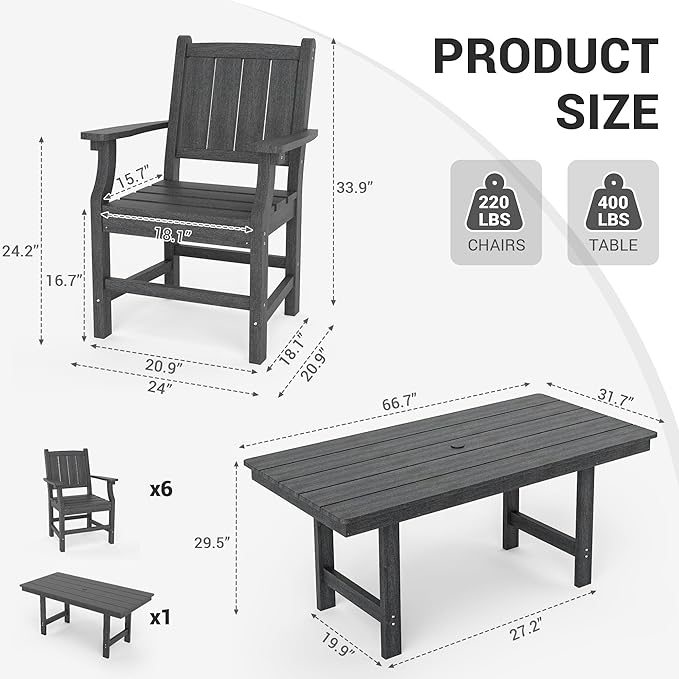 7-Piece HDPE Outdoor Dining Set, Wood-Like Design Outdoor Table and Chairs with Elegant Armrest, All-Weather Patio Table and Chairs Set with Umbrella Hole for Porch, Poolside, Gray