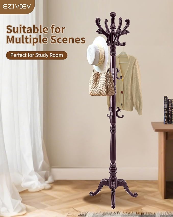 EZIVIEZ Wooden Coat Rack Stand, Solid Wood Freestanding Coat Rack, Vintage Coat Racks with 14 Hooks & Triangle Base, Heavy Duty Standing Coat Hanger Jacket Tree Stand for Office, Entryway, Hallway