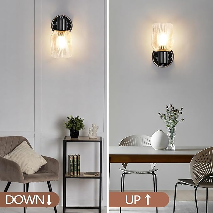 Wall Sconces Set of 2 - Matte Black Vanity Lights for Bathroom Modern Wall Light Fixtures with Rotary Switch - Wall Mount Light with Stripe Glass,Farmhouse Wall Lamp for Bedroom Mirror Living Room