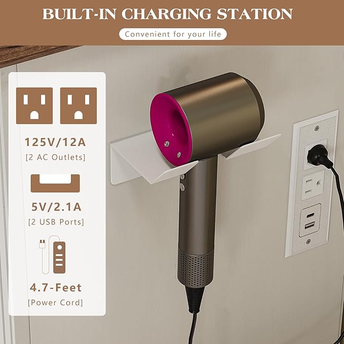 55'' Farmhouse Vanity Desk with Mirror and Lights, Large Makeup Table with Charging Station, Glass Tabletop & 5 Drawers, Rustic Dressing Table for Bedroom, Antique White