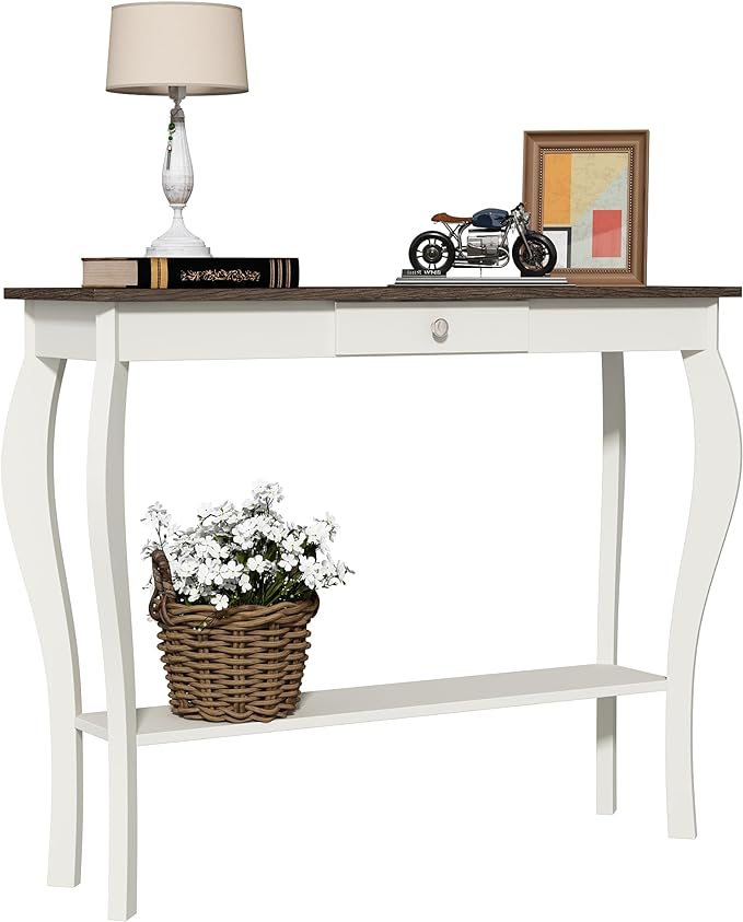 ChooChoo Narrow Farmhouse Console Table with Drawer, Chic Accent Sofa Entryway Table with Shelves for Entryway, Living Room, Hallway, Soft White