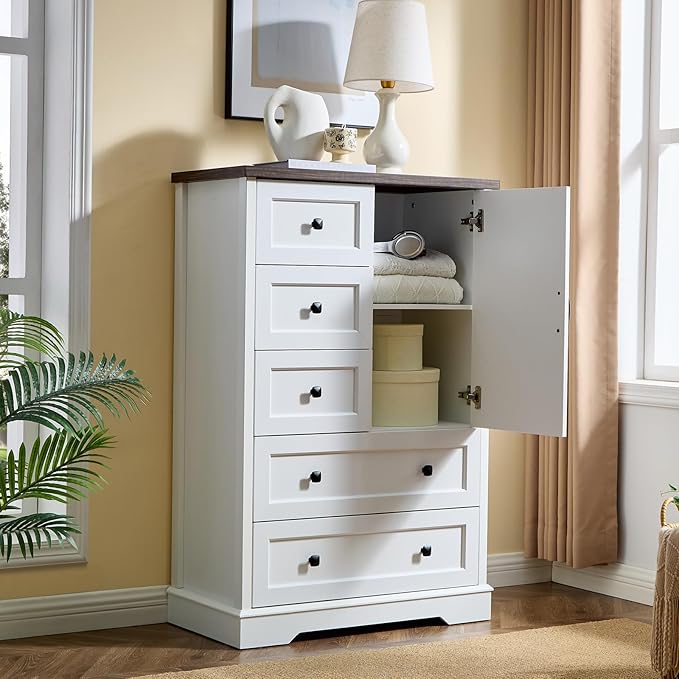 LIDYUK 5 Drawer White Dresser for Bedroom Farmhouse Dresser Chest of Drawers, 48" Tall Clothes Organizer with Storage Cabinet Wood Chest of Drawers for Bedroom, Living Room