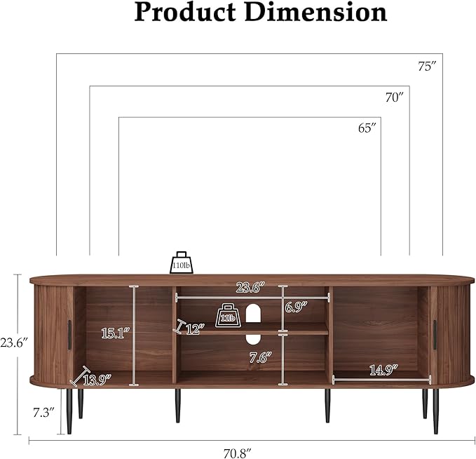 ARTPOWER 70" Modern TV Stand with Tambour Door for TVs up to 80", Entertainment Center with Storage, Fluted Television Consoles for Living Room, Brown