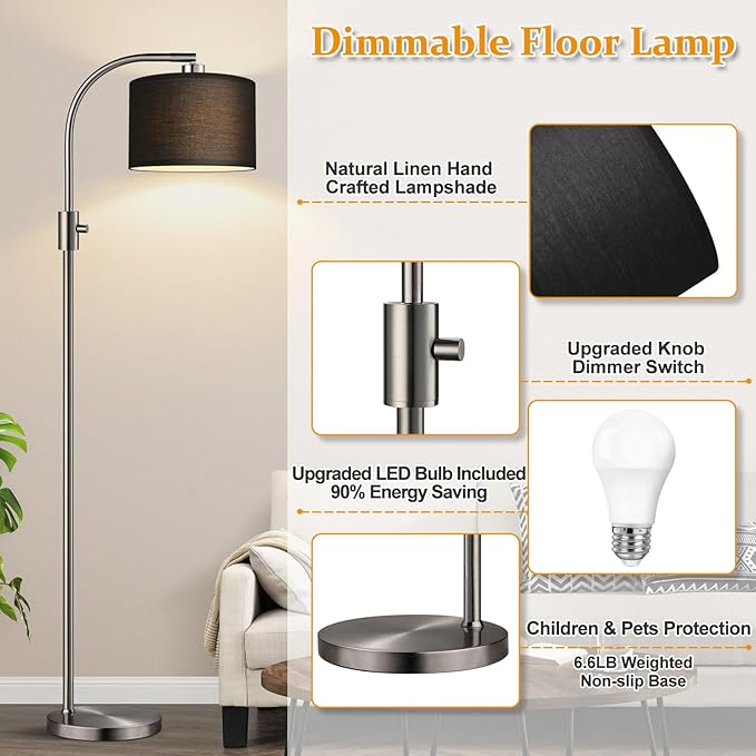 【Upgraded】 Dimmable Floor Lamp, 1200 Lumens LED Bulb Included, Brushed Nickel Arc Floor Lamps for Living Room Modern Standing Lamp with Black Shade, Tall Lamp for Living Room Bedroom Office Office