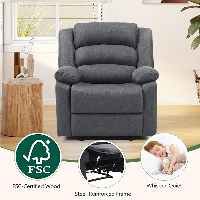 ANJ Fabric Recliner Chair with Overstuffed Arms and Back, Comfy Grey Manual Recliner for Adults, Living Room Single Sofa