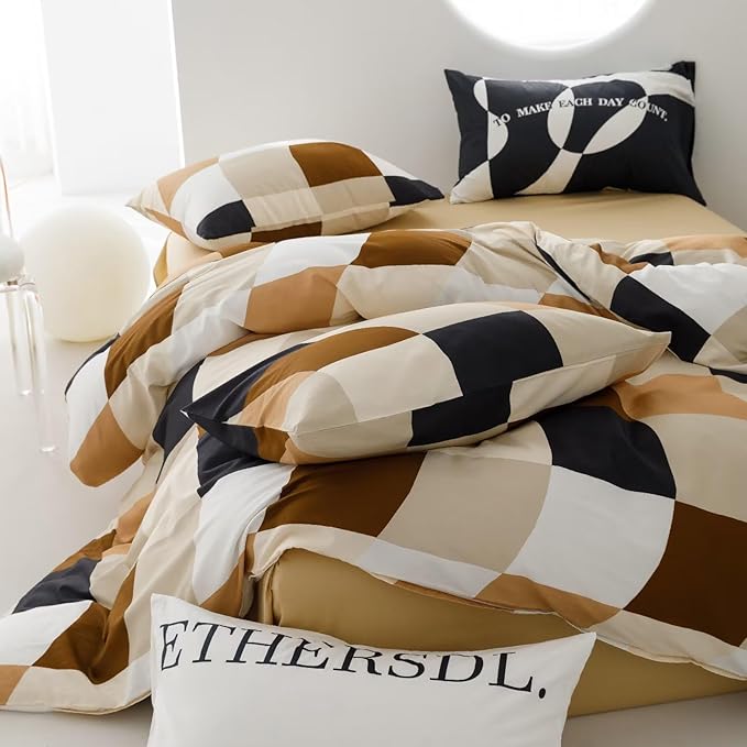 Luxlovery Beige Brown Plaid Comforter Set King Checkered Bedding Set Grid Geometric Blanket Quilts Soft Breathable Buffalo Modern Abstract Comforter for King Bed