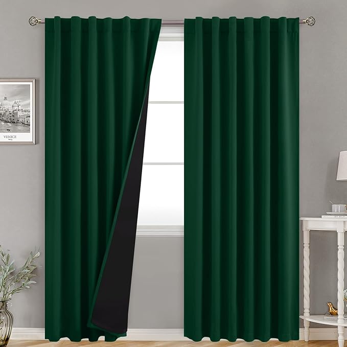 BGment 100% Thermal Insulated Blackout Curtains 95 Inches Long with Liner, Rod Pocket and Back Tab Double Layer Noise Reduce Room Darkening Curtains for Bedroom (52 x 95 Inch, 2 Panels, Emerald)