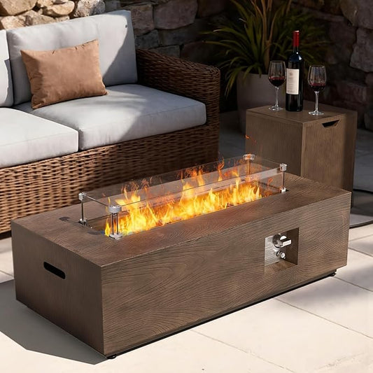 2-Piece 42" Rectangular Propane Fire Pit for Outside Patio with Hidden Tank Table, 50,000 BTU Fireplaces with Glass Wind Guard, Lid, Glass Rocks, Cover(Walnut Wood Grain)