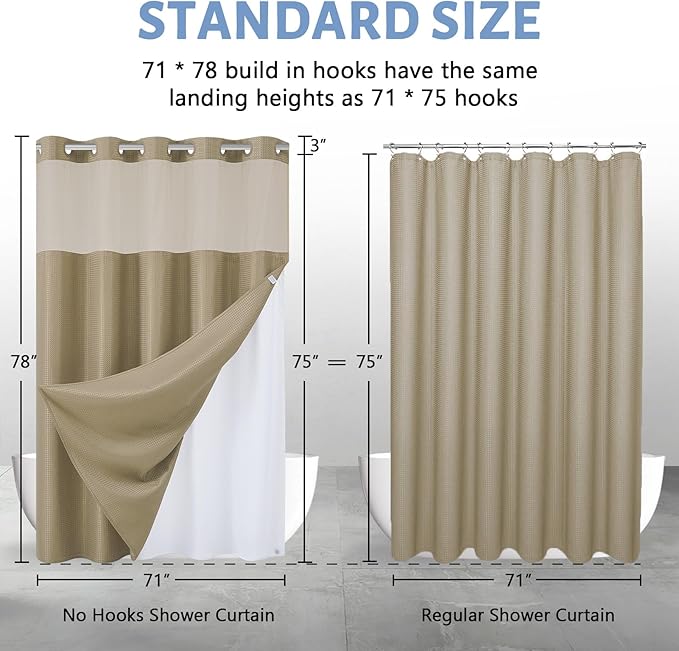 Furlinic No Hook Waffle Weave Shower Curtain with Snap in Fabric Liner,Honeycomb Textured Bathroom Curtains with See Through Top Window,Waterproof & Machine Washable,Beige,71x78 Inch