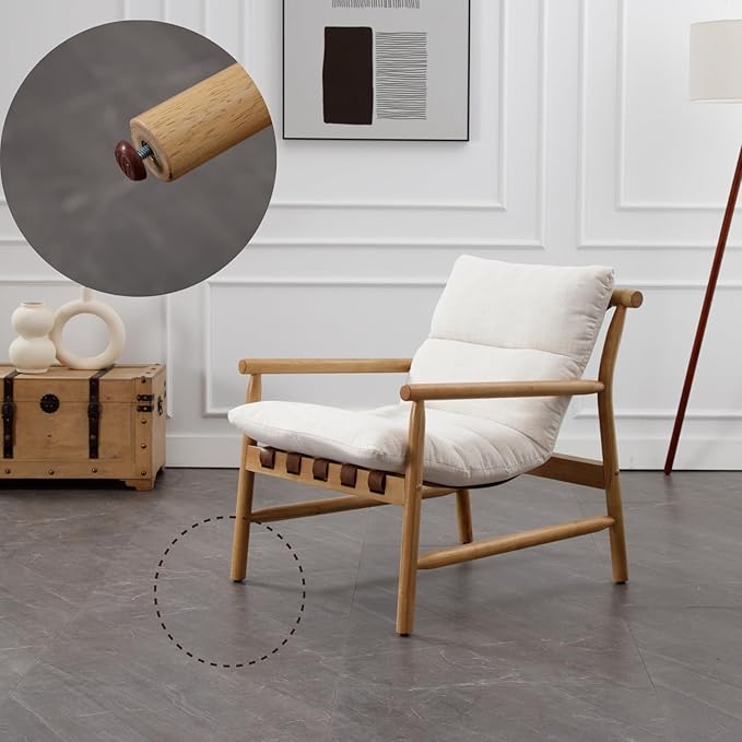 Modern Accent Chair Upholstered Armchair - Solid Wood Lounge Chair with Removable Cushion, Low Back Reading Chair for Living Room/Bedroom/Balcony, Beige Linen Sofa Chair (Easy Assembly)