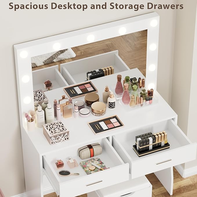 Furmax Vanity Desk Set with Large Lighted Mirror, 35.4 Inch Makeup Vanity Table with 2 Drawers, Cushioned Storage Stool, 3 Lighting Modes Brightness Adjustable, Dressing Table for Bedroom (White)