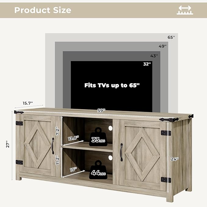 Modern Farmhouse TV Stand for Televisions up to 65’’, Entertainment Center with Storage Cabinets and Sliding Barn Doors, Media TV Consoles for Living Room, Bedroom, Gray Oak