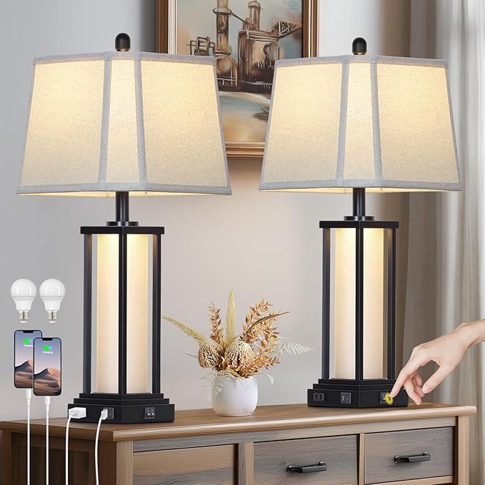 27" Tall Vintage Table Lamp Set of 2 with USB C+A & Outlet,Black Industrial End Table Lamp for Living Room,Farmhouse Rustic Bedside Lamps with Bell Lampshades for Bedroom Nightstand,Black